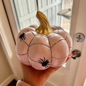 Pumpkin Halloween home decor w glitter & spooky spiders
